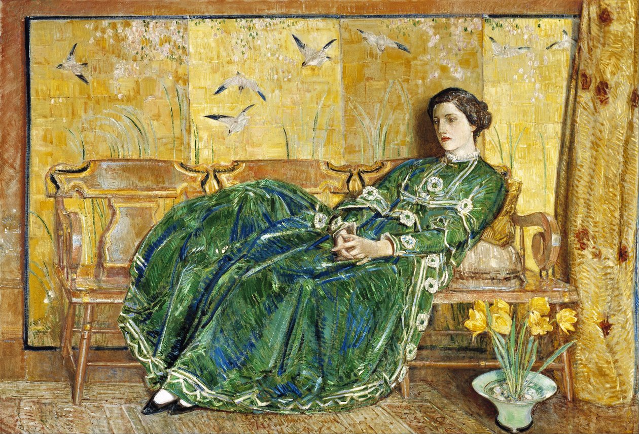 April: (De groene jurk) door Childe Hassam