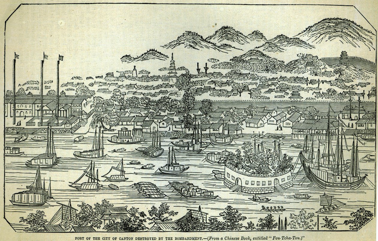 Haven van de stad Canton, vernietigd door het bombardement, Chinese illustratie gedrukt in 