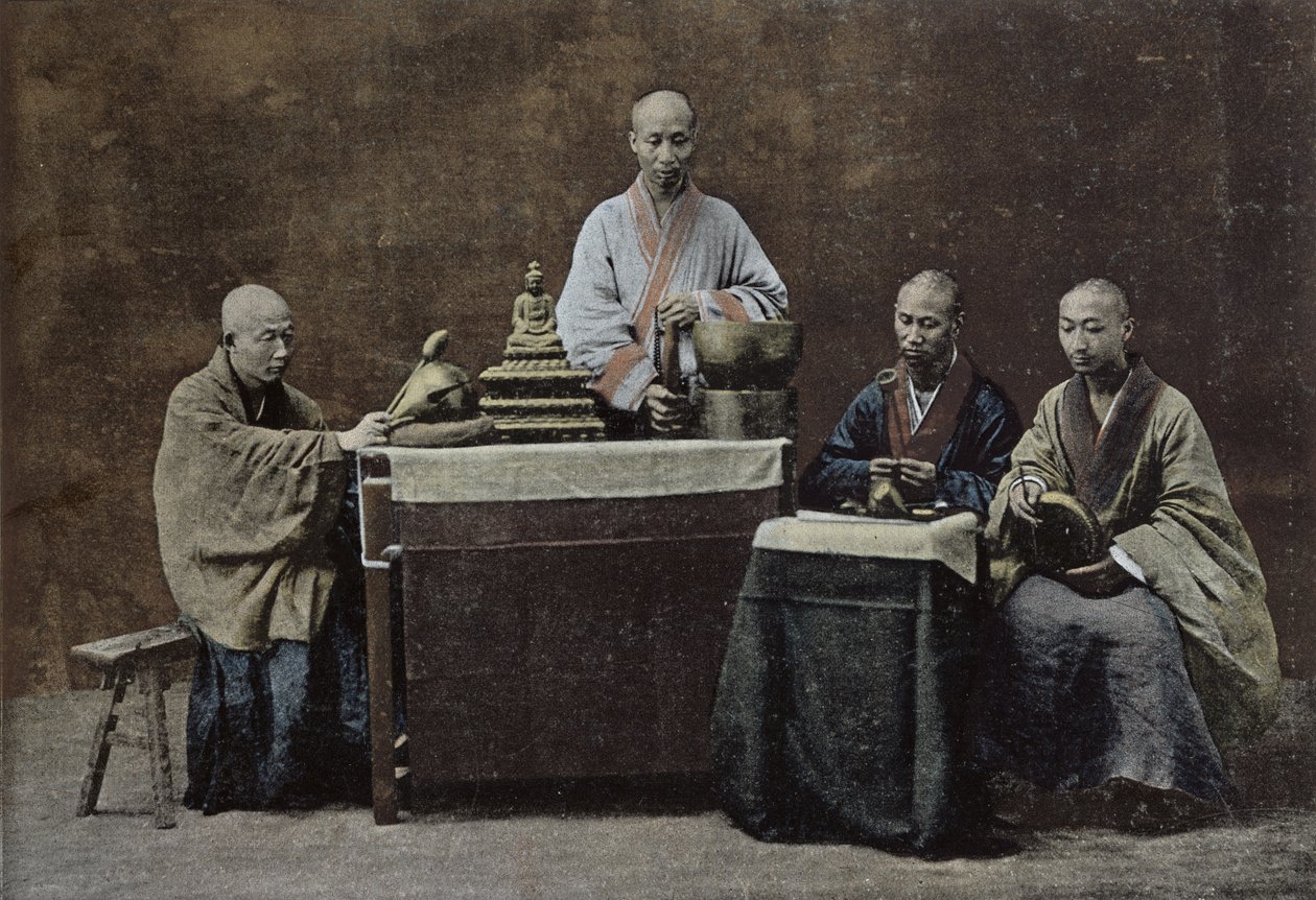 Een groep Chinese bonzen; gegraveerd en gedrukt door Gilot; 1896 door Chinese School