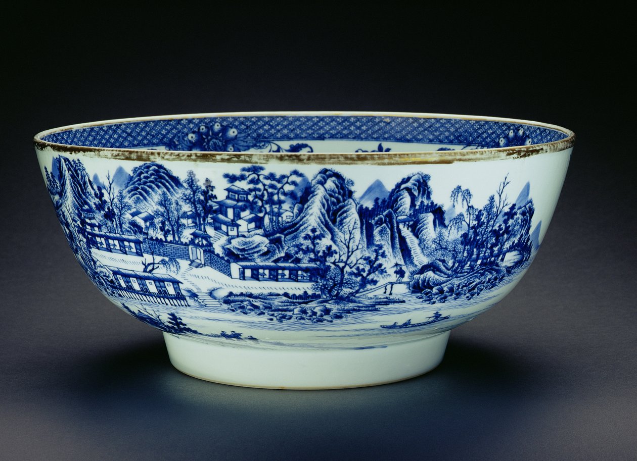 Blauw-witte kom versierd met een scène die de vervaardiging van porselein toont (porselein) door Chinese School