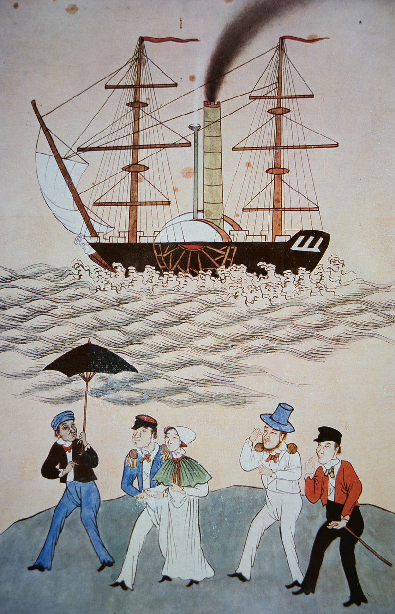 Chinese schilderij van het eerste Britse stoomschip en passagiers die in Canton aankomen, c.1840 door Chinese School