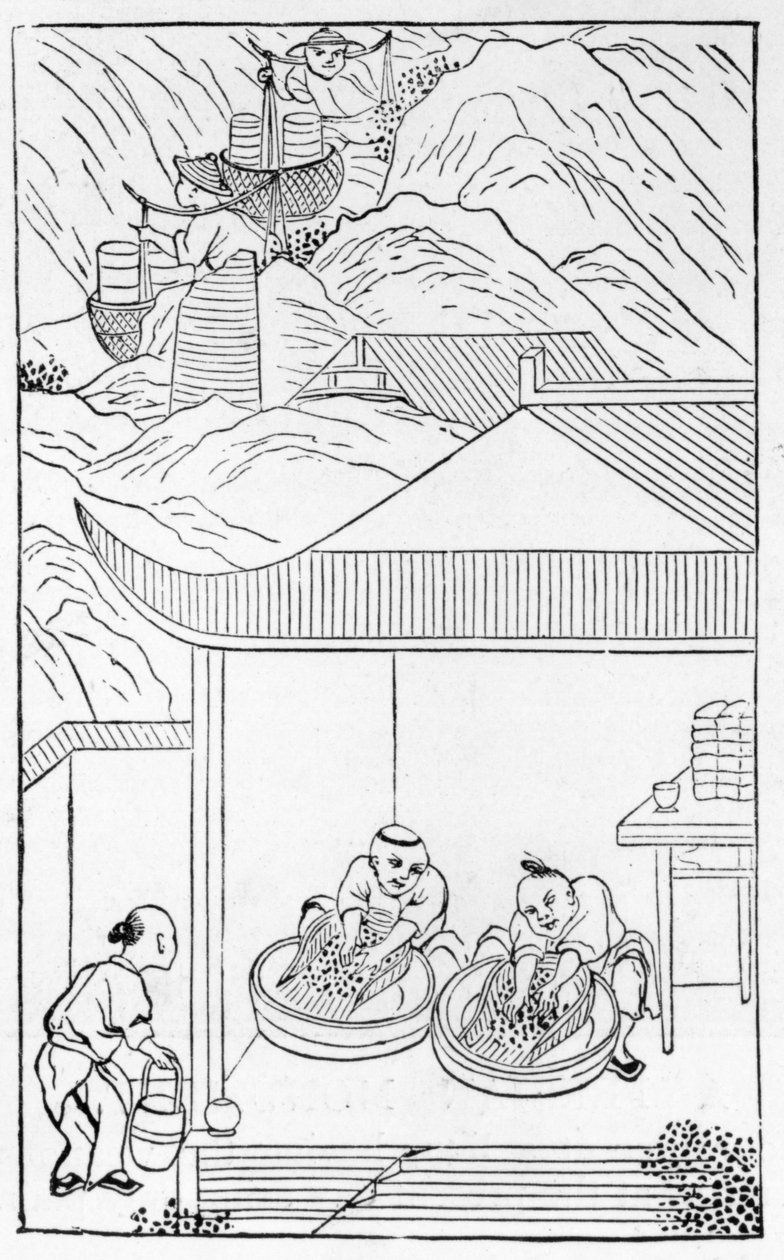 Verzamelen en wassen van het blauwe email voor kleuring, uit een serie illustraties over de productie van porselein door Chinese School