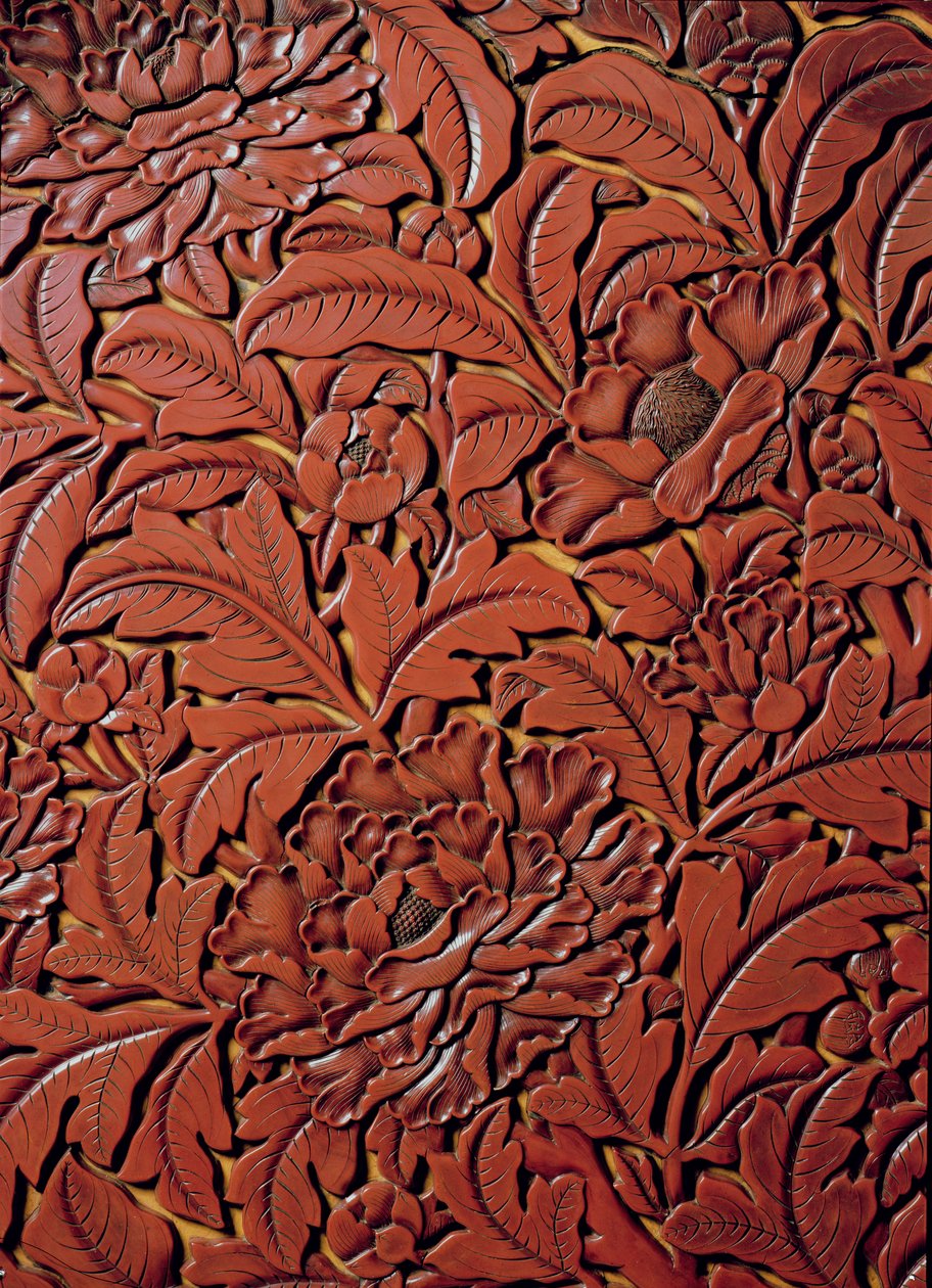 Detail van een gesneden schaal met het merkteken van Xuande (1426-36) aan de onderkant, Chinees door Chinese School