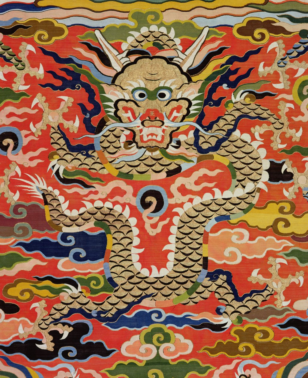 Detail van stof met een vijf-draak Kossu, Wanli-periode, 1573-1619 (zijde) door Chinese School