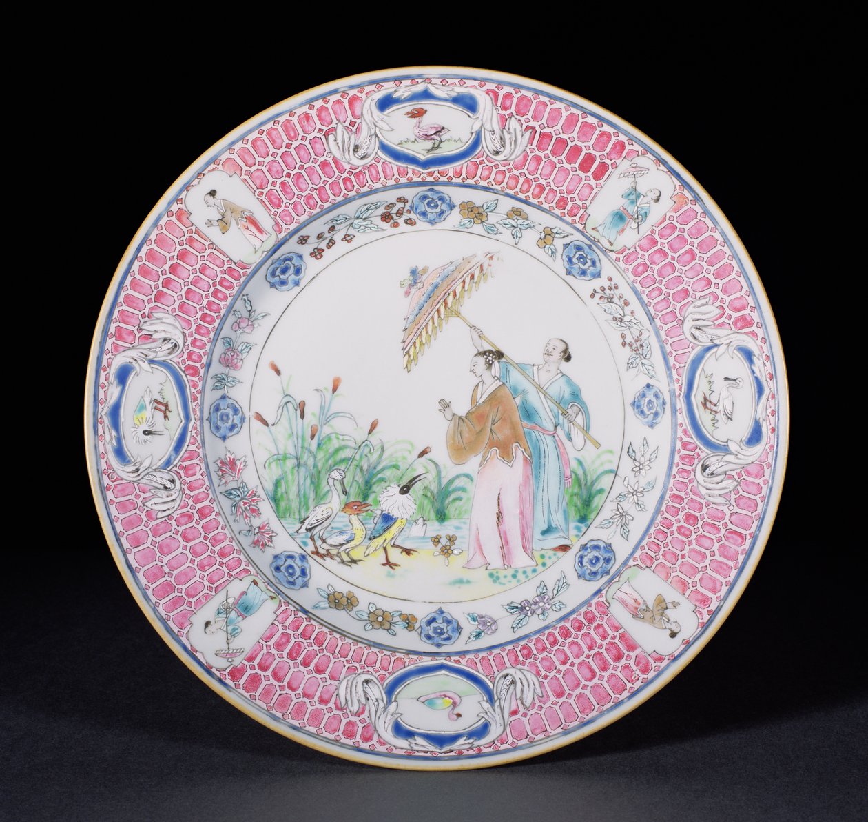 Dinerbord geschilderd in Famille Rose met La Dame au Parason, naar een ontwerp van Cornelis Pronk (1691-1759) Qianlong periode (1736-95) ca.1734 door Chinese School