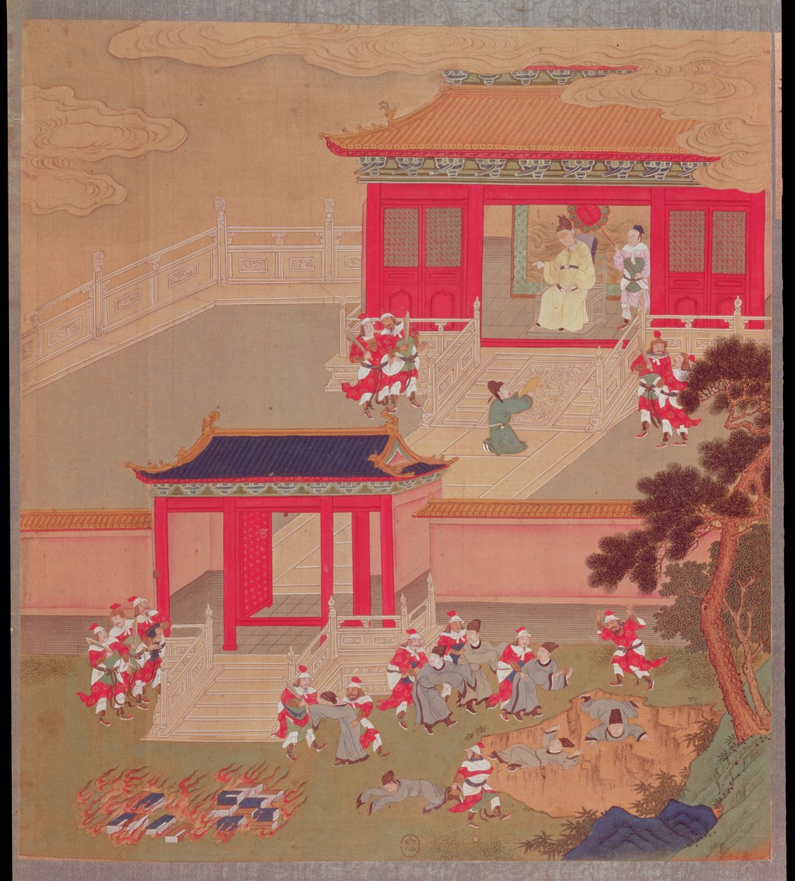 Keizer Chin Wang Ti (r.221-210 v.Chr.) verbrandt alle Chinese boeken en gooit de academici in een diepe kloof, uit een geschiedenis van Chinese keizers in 213 v.Chr. door Chinese School
