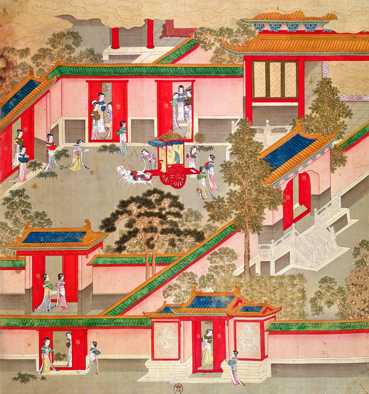 Keizer Wu Ti (156-87, r.141-87 v.Chr.) verlaat zijn paleis, uit een geschiedenis van Chinese keizers door Chinese School