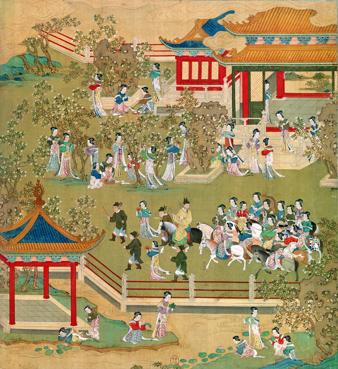 Keizer Yang Ti (581-618) wandelend in zijn tuinen met zijn vrouwen, uit een geschiedenis van Chinese keizers door Chinese School