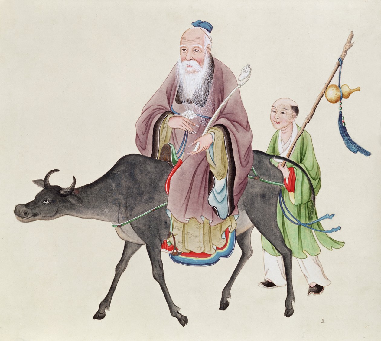 Lao-Tzu (c.604-531) op zijn buffel, gevolgd door een discipel door Chinese School