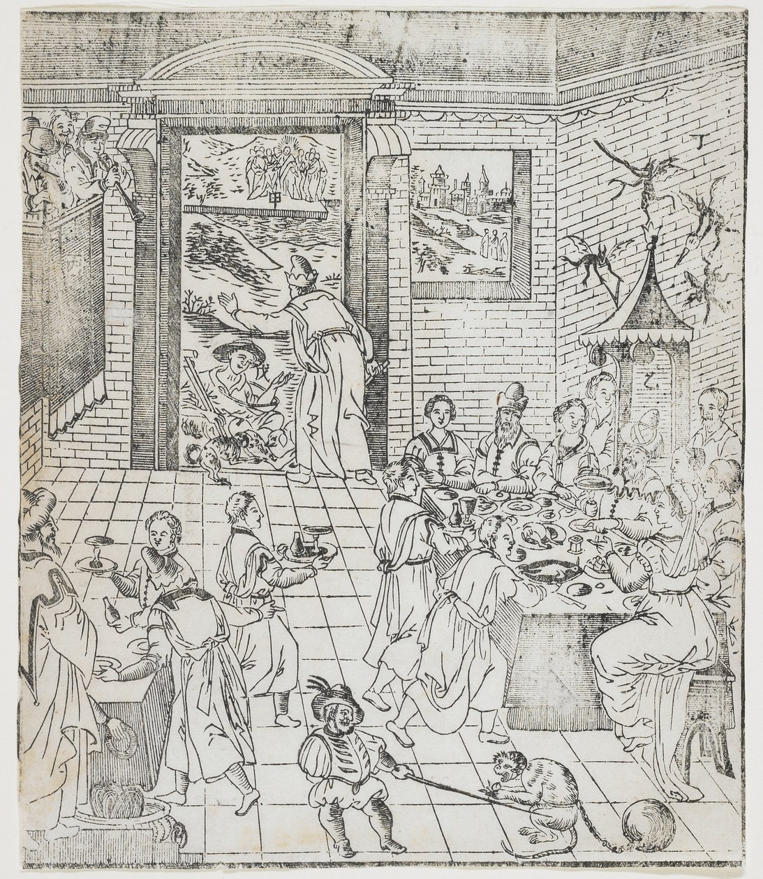 Lazarus in het huis van de rijke man, plaat uit Giulio Alenis Tianzhu jiangsheng zhuxiang jingjie (Een geïllustreerde geschiedenis van de Heer des Hemels die vleesgeworden is) door Chinese School