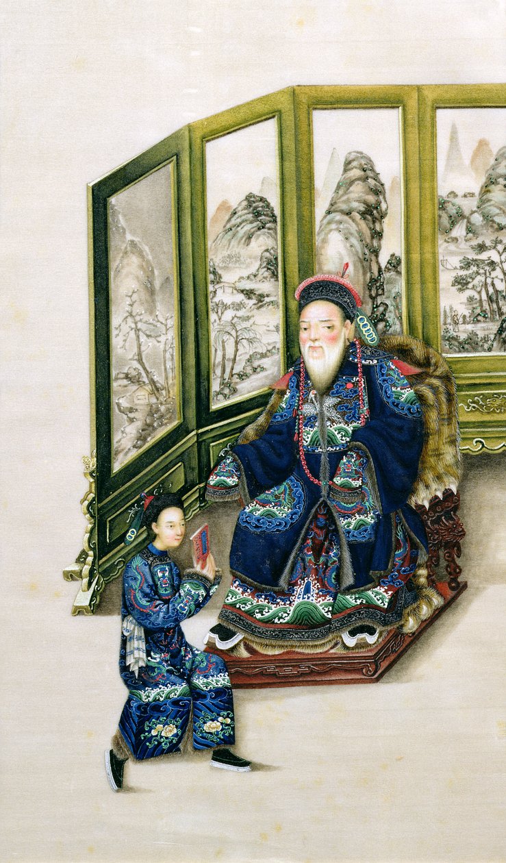 Oude man zittend met een dienaar lezend door Chinese School