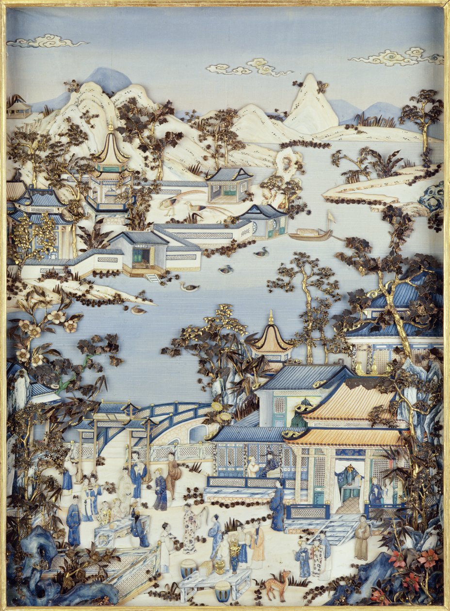 Panelen met figuren op een terras, Qianlong-periode, 1736-95 door Chinese School