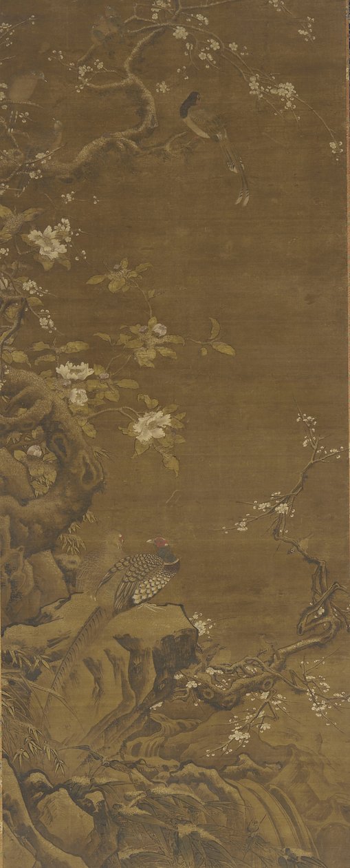 Fazanten en met Sneeuw bedekte Pruimenbloesems, Ming of Qing dynastie, 15e-18e eeuw door Chinese School