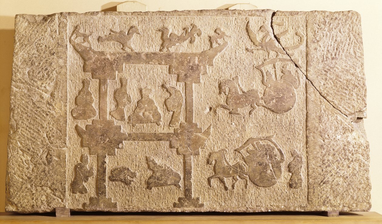 Plaquette versierd met koetsen en mythische vogels, Han-dynastie door Chinese School