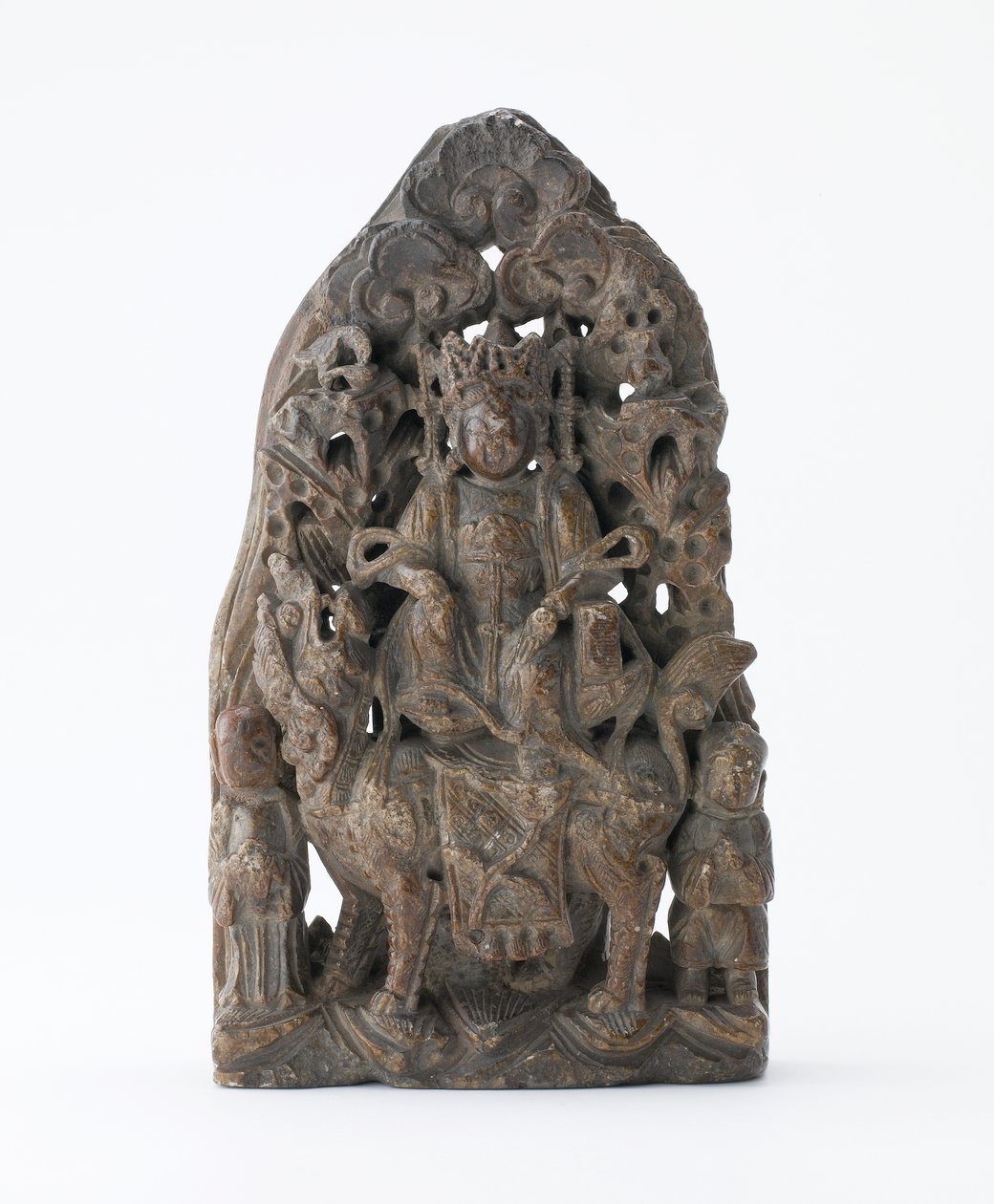 Kleine speksteentablet met opengewerkte reliëf van Manjusri op leeuw, Periode van de Verdeling, 543 AD door Chinese School