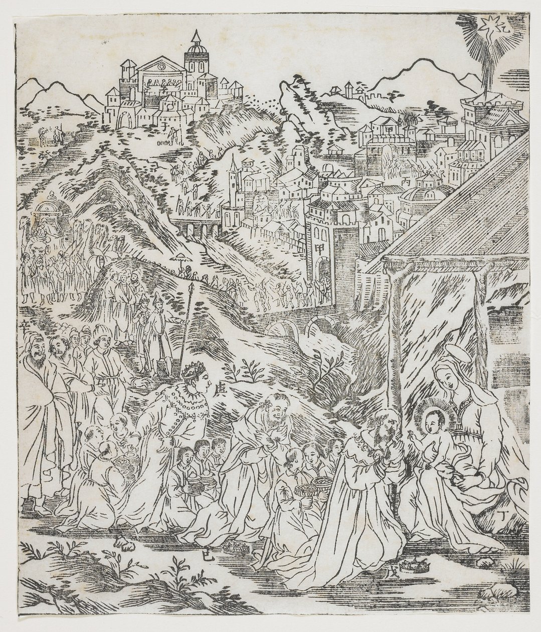 De aanbidding van Christus, plaat uit Giulio Alenis Tianzhu jiangsheng zhuxiang jingjie (Een geïllustreerde geschiedenis van de Heer des Hemels die vleesgeworden is) door Chinese School