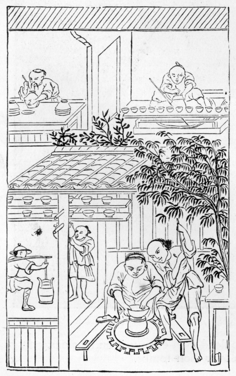 Draaien van kommen, uit een serie illustraties over de productie van porselein door Chinese School