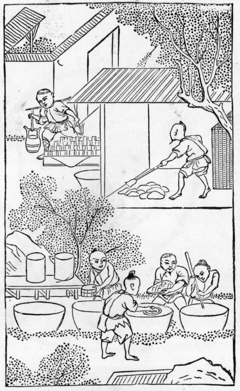 Het klei wassen, uit een serie illustraties over de productie van porselein door Chinese School