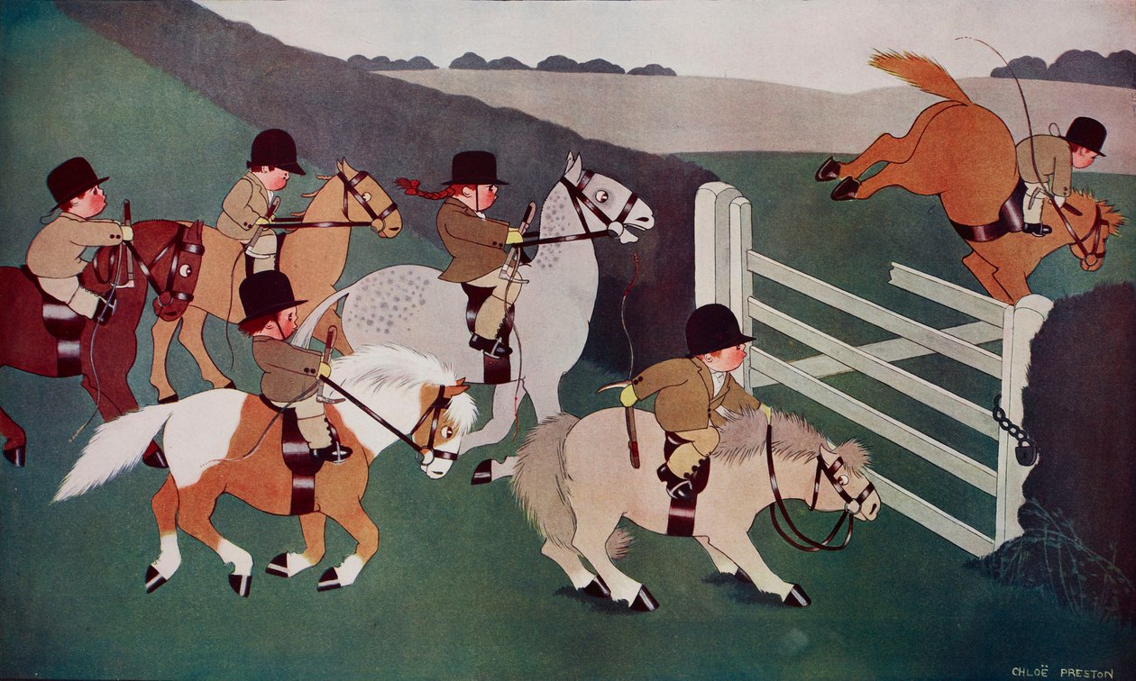 The Gate Crashers, jockeys te paard, cartoon van Chloe Preston (1887-1969) uit The Tatler, nr. 1435, 26 december. door Chloe Preston