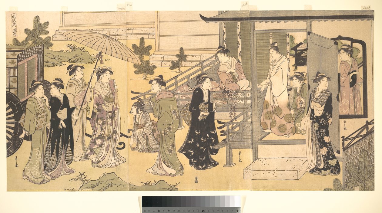 Een vermomde scène uit Het verhaal van Genji (Fūryū Yatsushi Genji), hoofdstuk 33, „Bladeren van blauweregen (Fuji no uraba)” door Chobunsai Eishi