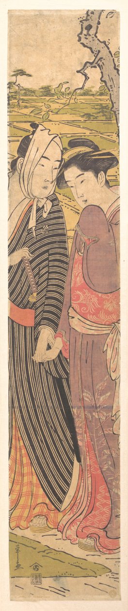 Ein Mann und ein Mädchen gehen in den Reisfeldern door Chobunsai Eishi