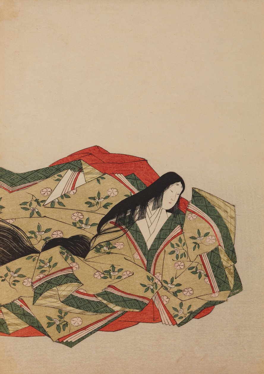 Een hofdame in een olijfgrijze mantel met een motief van kersenbloesems, afbeelding uit het album: Nishiki-zuri onna sanju rokkasen e-zukushi door Chobunsai Eishi