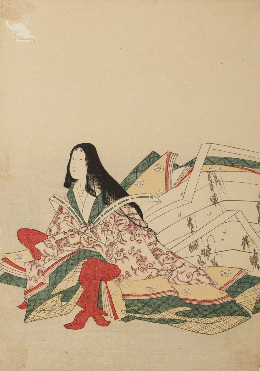 Een zittende hofdame, leunend op een kyosoku, plaat uit het album: Zesendertig dichteressen / Nishiki-zuri onna rokkasen e-zukushi door Chobunsai Eishi