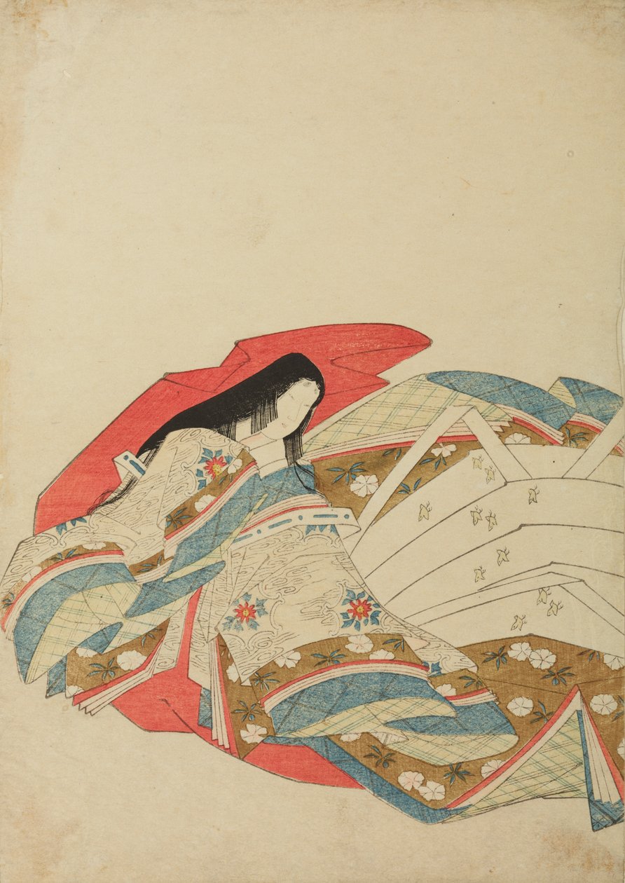 Zittende hofdame, naar links gewend, plaat uit het album: Nishiki-zuri onna sanju rokkasen e-zukushi door Chobunsai Eishi
