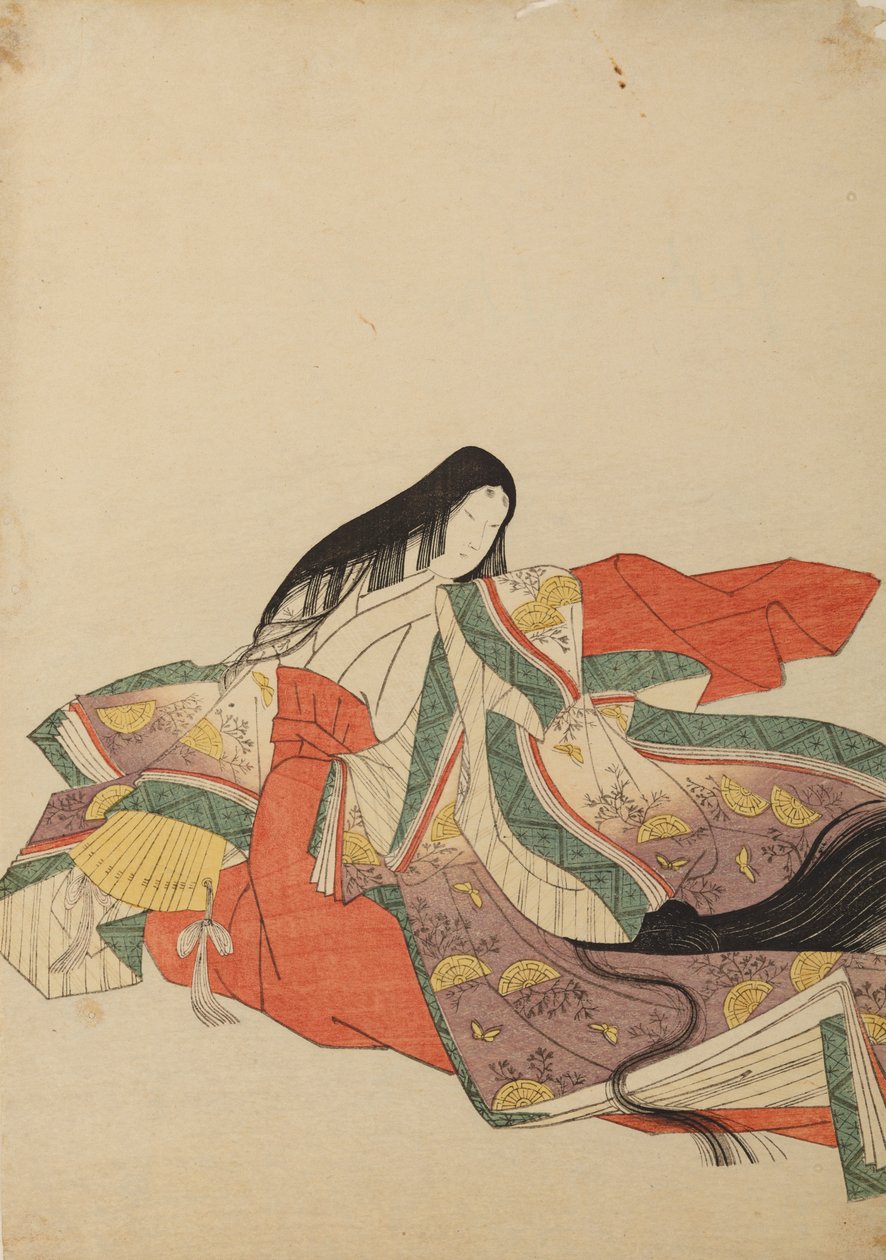 Zittende hofdame, naar links gewend, plaat uit het album: Nishiki-zuri onna sanju rokkasen e-zukushi door Chobunsai Eishi