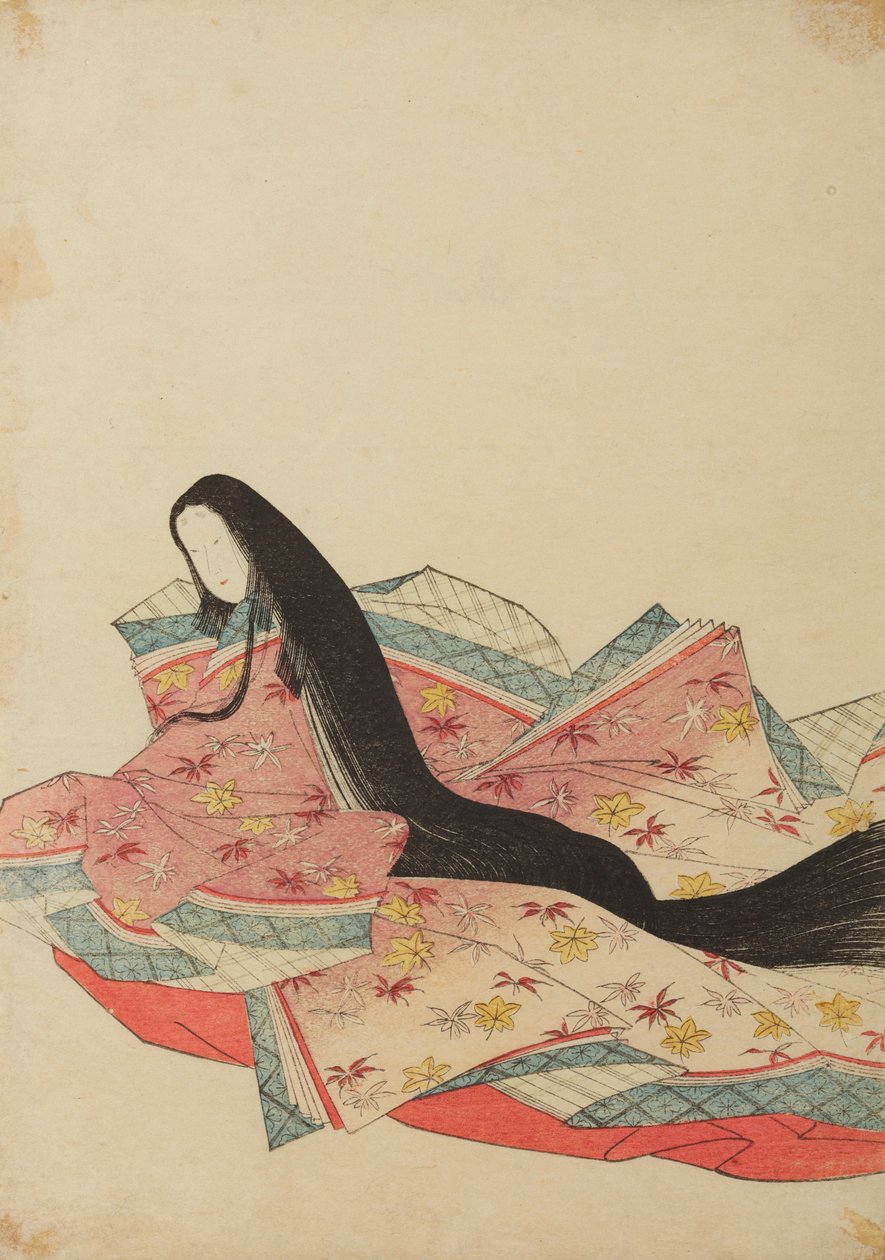 Een zittende hofdame, naar links gekeerd, in een lila-roze gewaad, plaat uit het album: Nishiki-zuri onna sanju rokkasen e-zukushi door Chobunsai Eishi