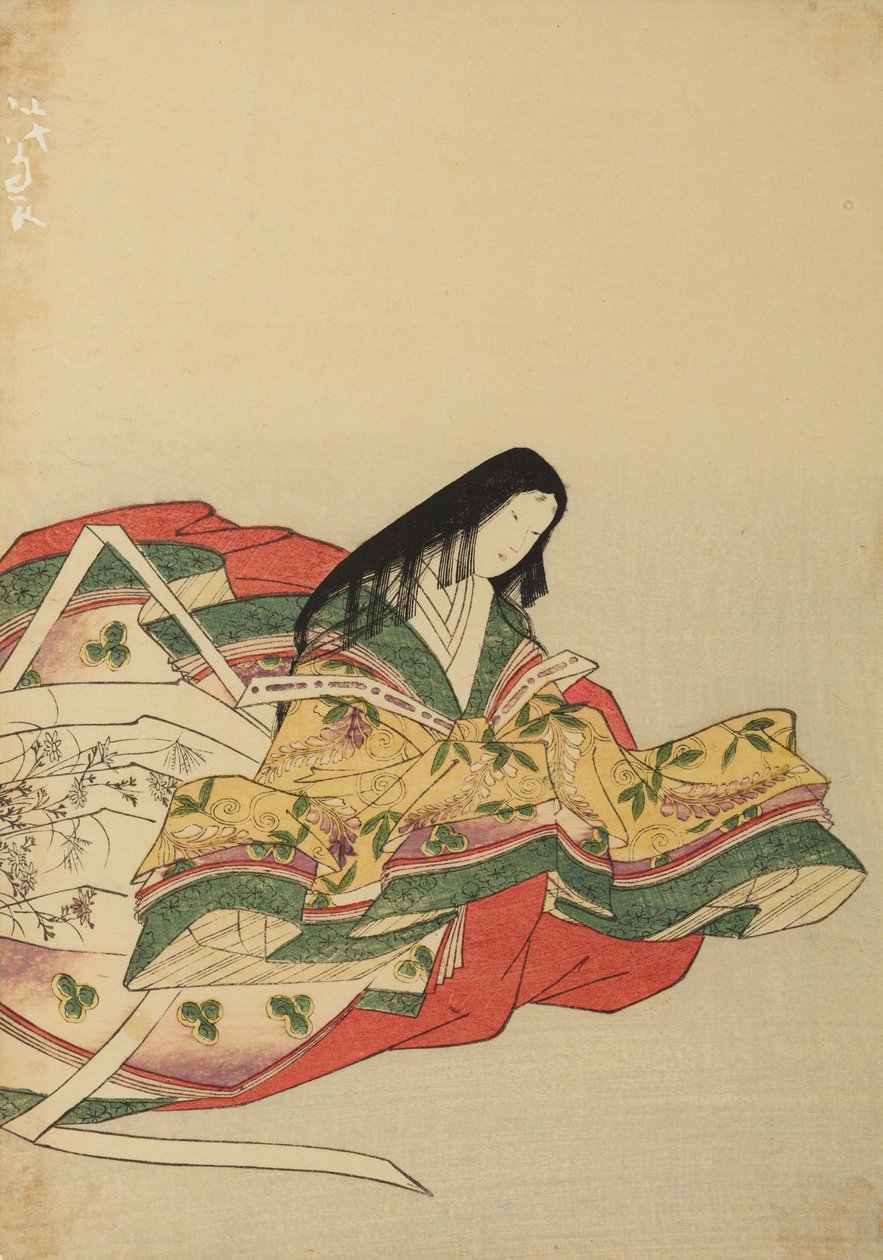 Een zittende hofdame, naar rechts gekeerd, plaat uit het album: Nishiki-zuri onna sanju rokkasen e-zukushi door Chobunsai Eishi