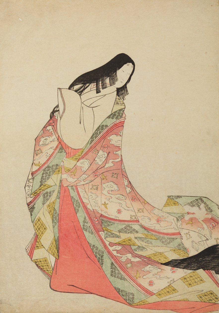 Hofdame staand in een lilaroze gewaad dat van haar schouders is gegleden, plaat uit het album: Nishiki-zuri onna sanju rokkasen e-zukushi door Chobunsai Eishi