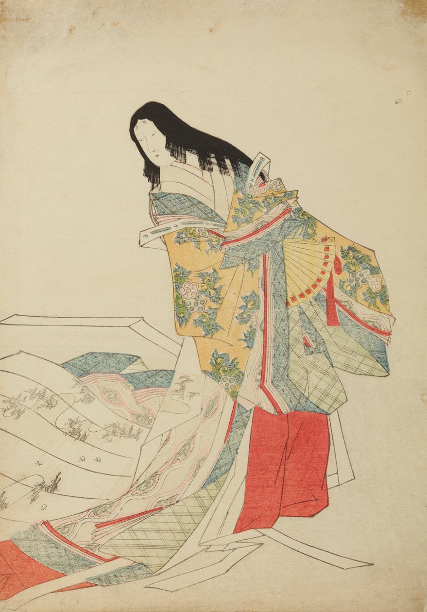 Staande hofdame met waaier, plaat uit het album: Nishiki-zuri onna sanju e-zukushi door Chobunsai Eishi