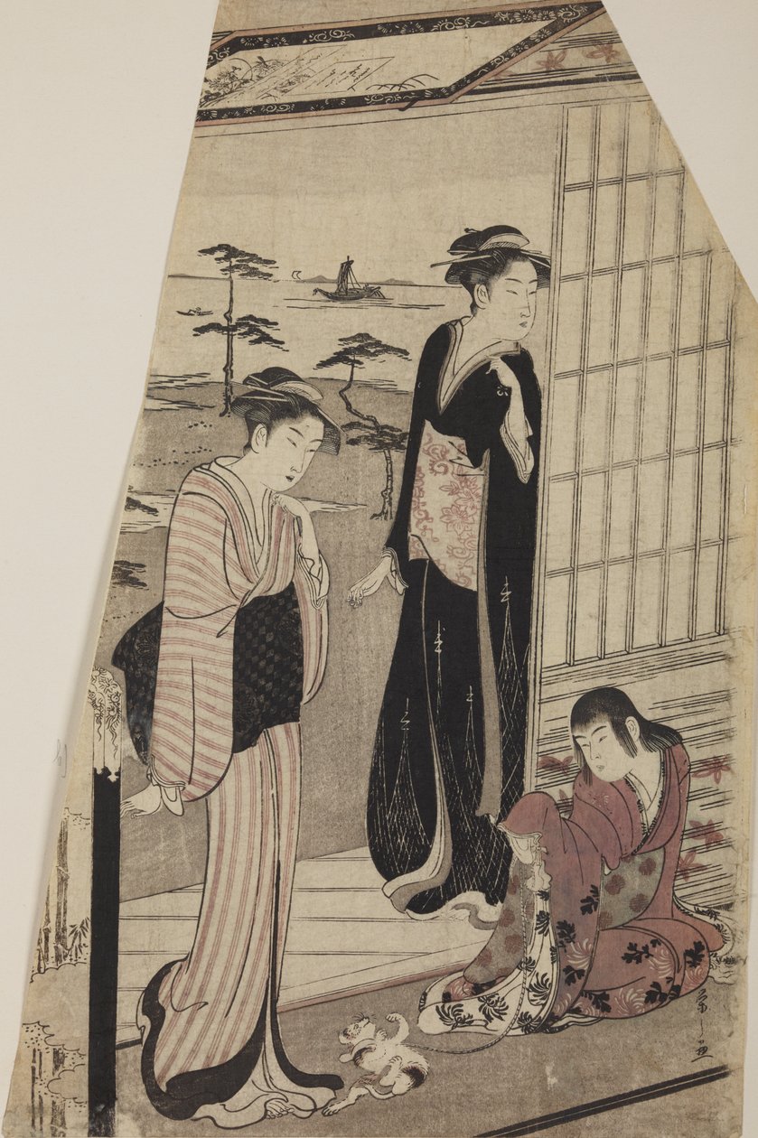 Twee vrouwen en een meisje met een katje op de drempel van een huis door Chobunsai Eishi