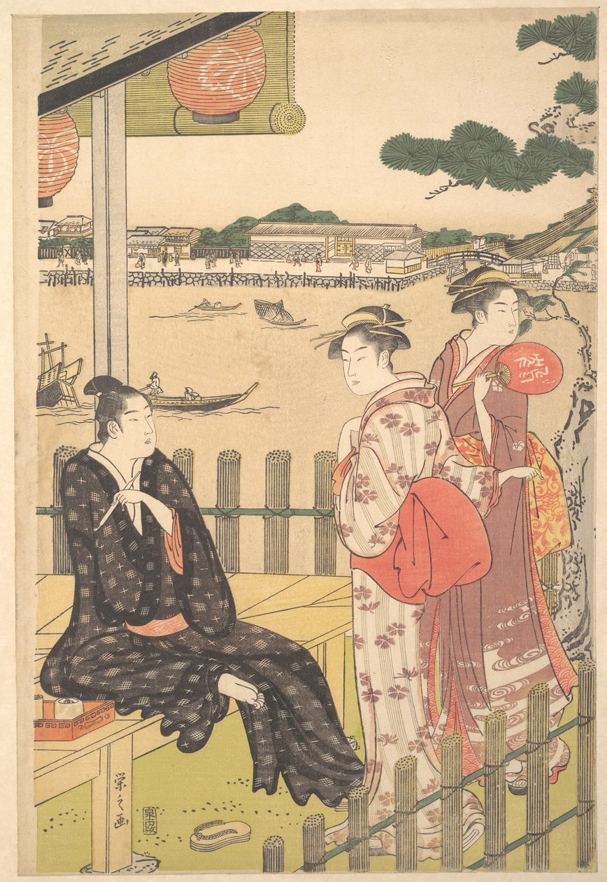 Groep bij een theehuis aan de oever van de Sumida-rivier door Chobunsai Eishi