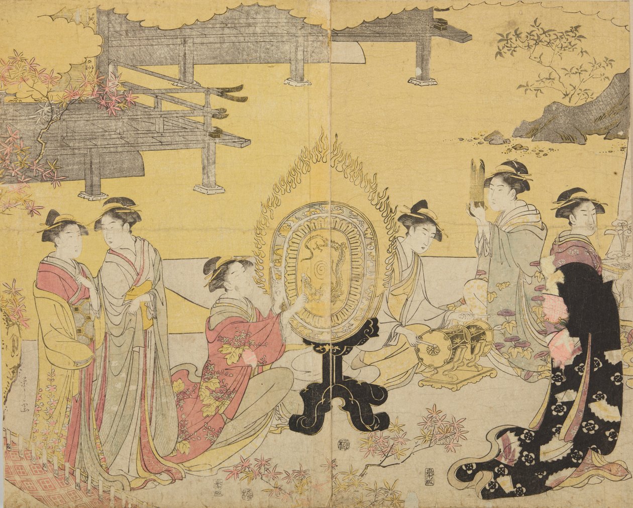 Groep vrouwen met muziekinstrumenten, uit de serie Furyu yatsushi Genji door Chobunsai Eishi