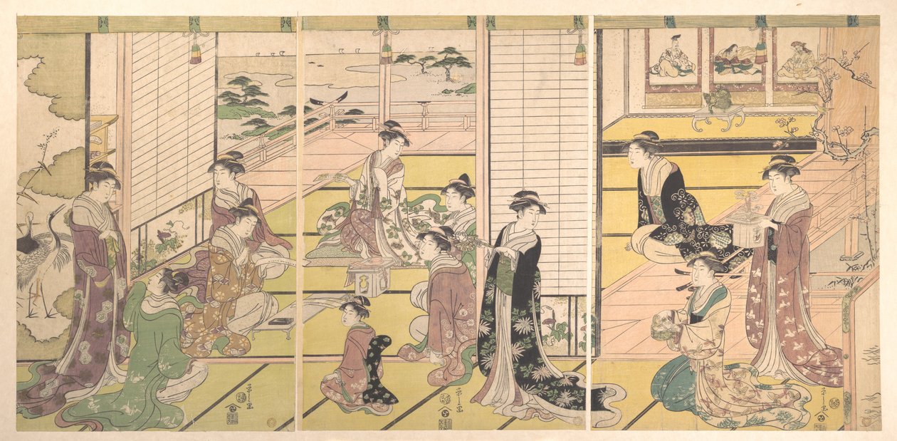 Eerbetoon aan de drie goden van de poëzie: vrouwen die gedichten schrijven door Chobunsai Eishi