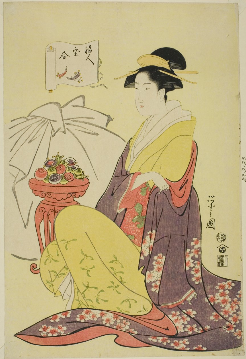 Hotei, uit de serie "Vergelijking van de Schatten van de Goden van het Geluk (Fukujin takara awase)" door Chobunsai Eishi