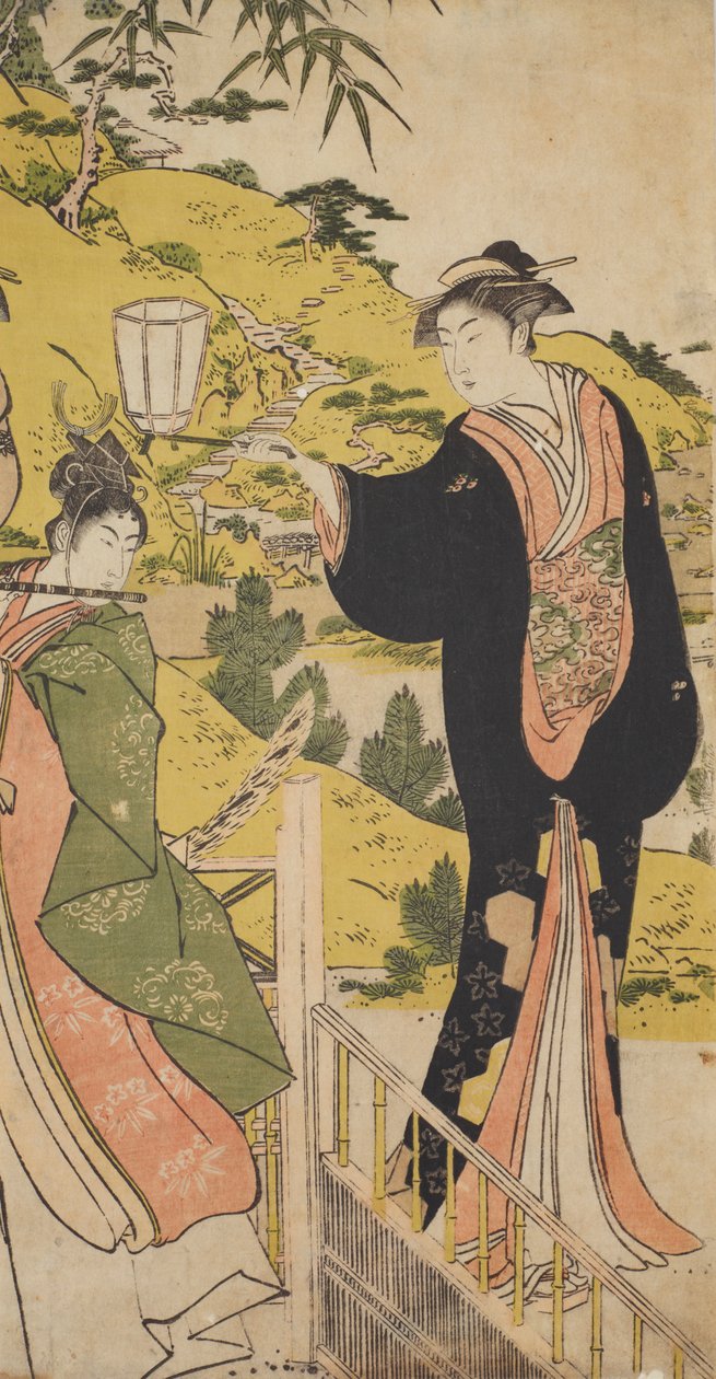 Junger Mann, der Flöte spielt, und Frau mit Laterne door Chobunsai Eishi