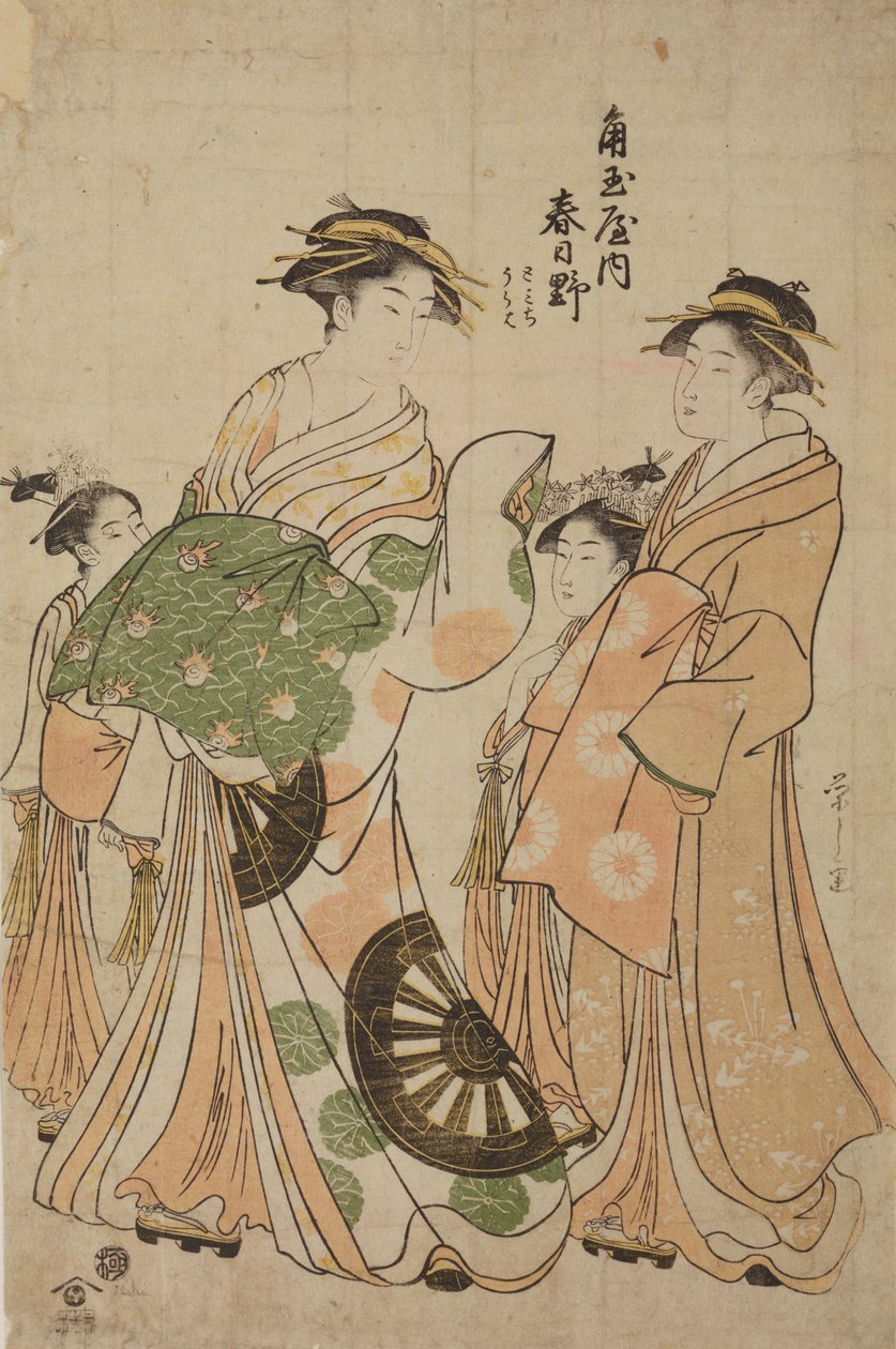 Oiran Katsugano, geboren in het huis Kadotama-ya, met een metgezel en twee kamuro’s door Chobunsai Eishi