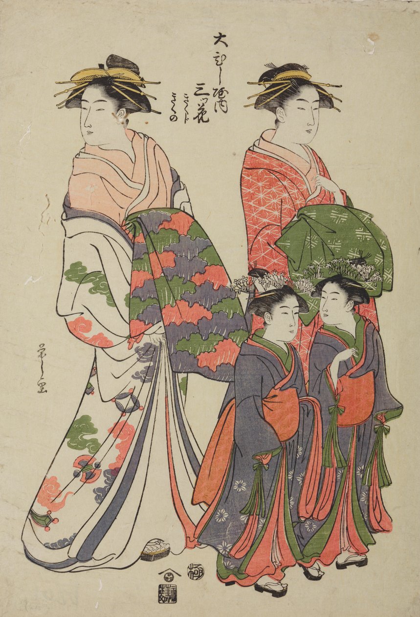 Oiran Mitsuhana van het plezierhuis Obishi-ya met een gezellin en twee kamuro, Kikuchi en Kikuno door Chobunsai Eishi