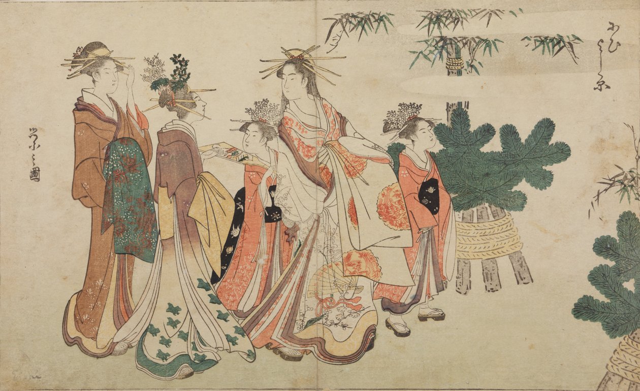 Een oiran tijdens een nieuwjaarswandeling, vergezeld door twee shinzo en twee kamuro door Chobunsai Eishi