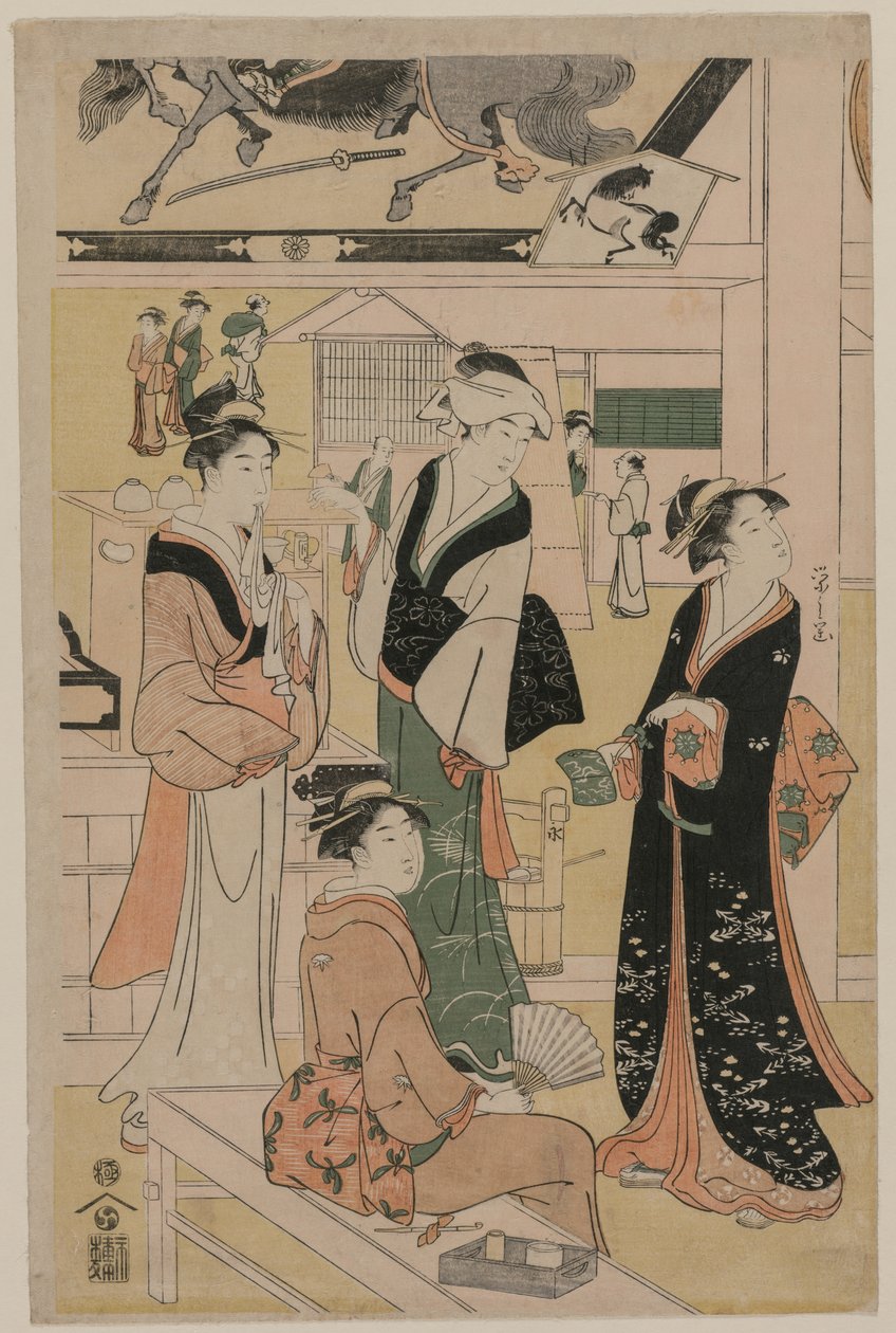 Vrouwen bezoeken een theekraam op het terrein van een tempel door Chobunsai Eishi