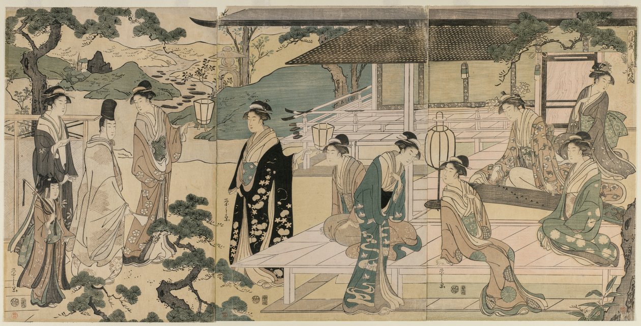 Het Matsukaze Hoofdstuk van het Verhaal van Genji (uit de serie Het Verhaal van Genji in Elegante Moderne Kleding) door Chobunsai Eishi