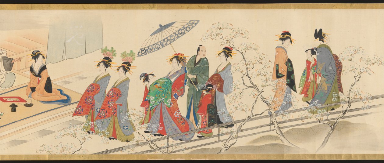 Drie geluksgoden bezoeken Yoshiwara; of „Taferelen van genot op het hoogtepunt van de lente“ door Chobunsai Eishi