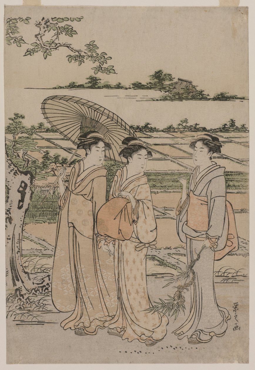 Drie vrouwen wandelen op het platteland door Chobunsai Eishi