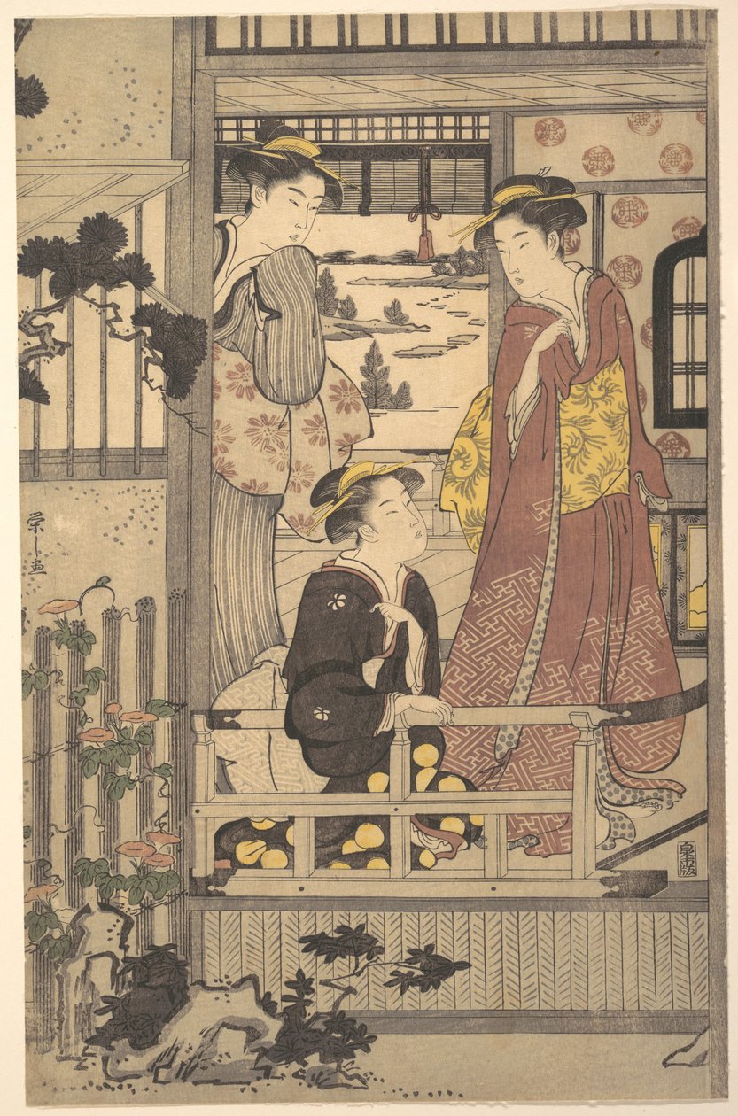 Drie vrouwen op een veranda door Chobunsai Eishi