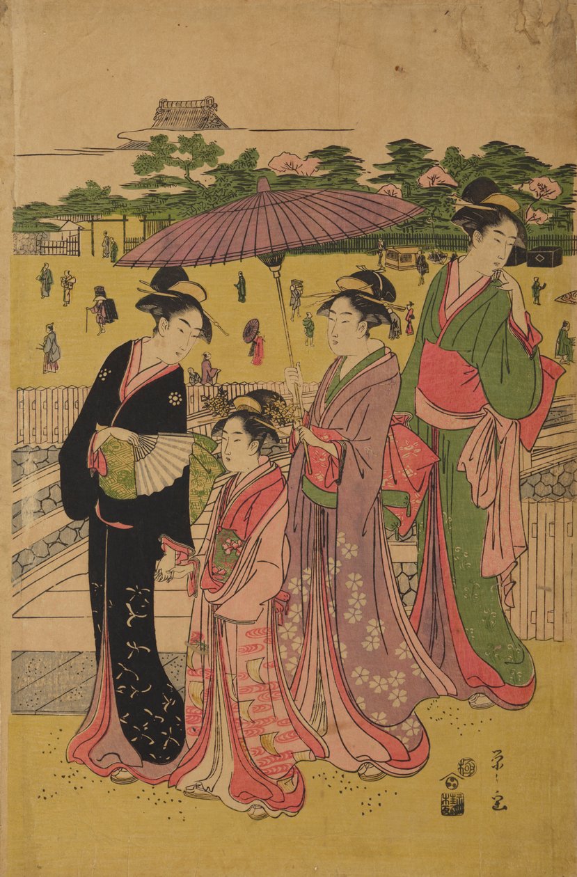 Drie vrouwen en een meisje die onder een parasol wandelen door Chobunsai Eishi