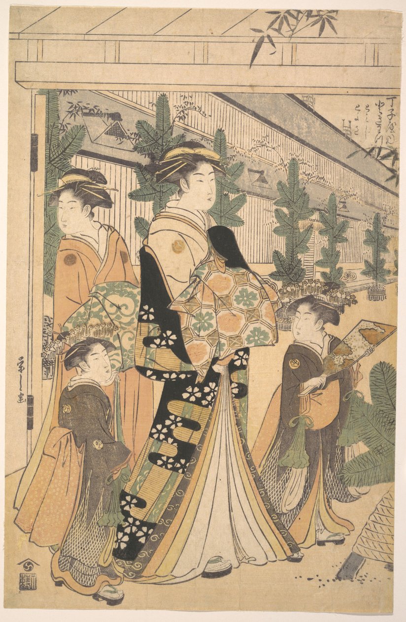Twee oiran met twee dienstmeisjes in Yoshiwara door Chobunsai Eishi
