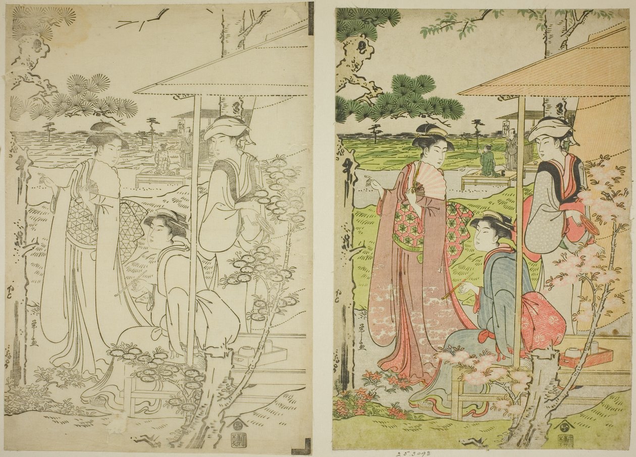 Kersenbloesems Bekijken vanuit een Theehuis op Asuka-heuvel door Chobunsai Eishi